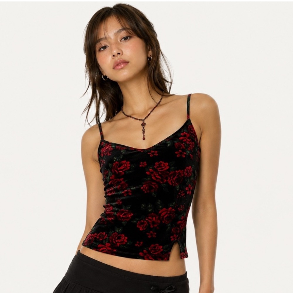 Y2K Velvet Cami Top Floral L 10/12 Petite Black Red Rose 90s Style Whimsical